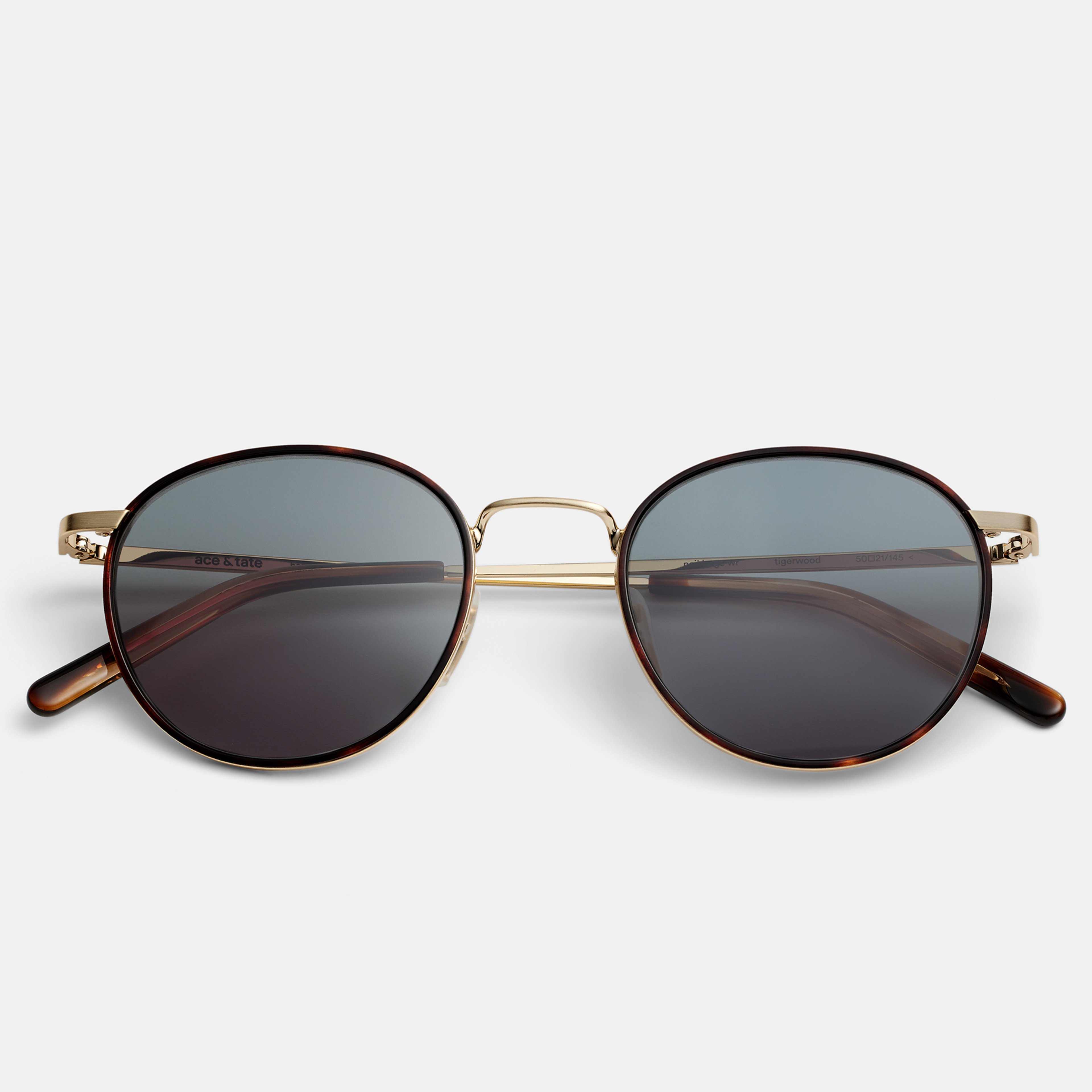 Ace & Tate Neil Small in Windsor Rim Tigerwood Ace & Tate Sunglasses | Round Metal in Brown, Gold, Orange