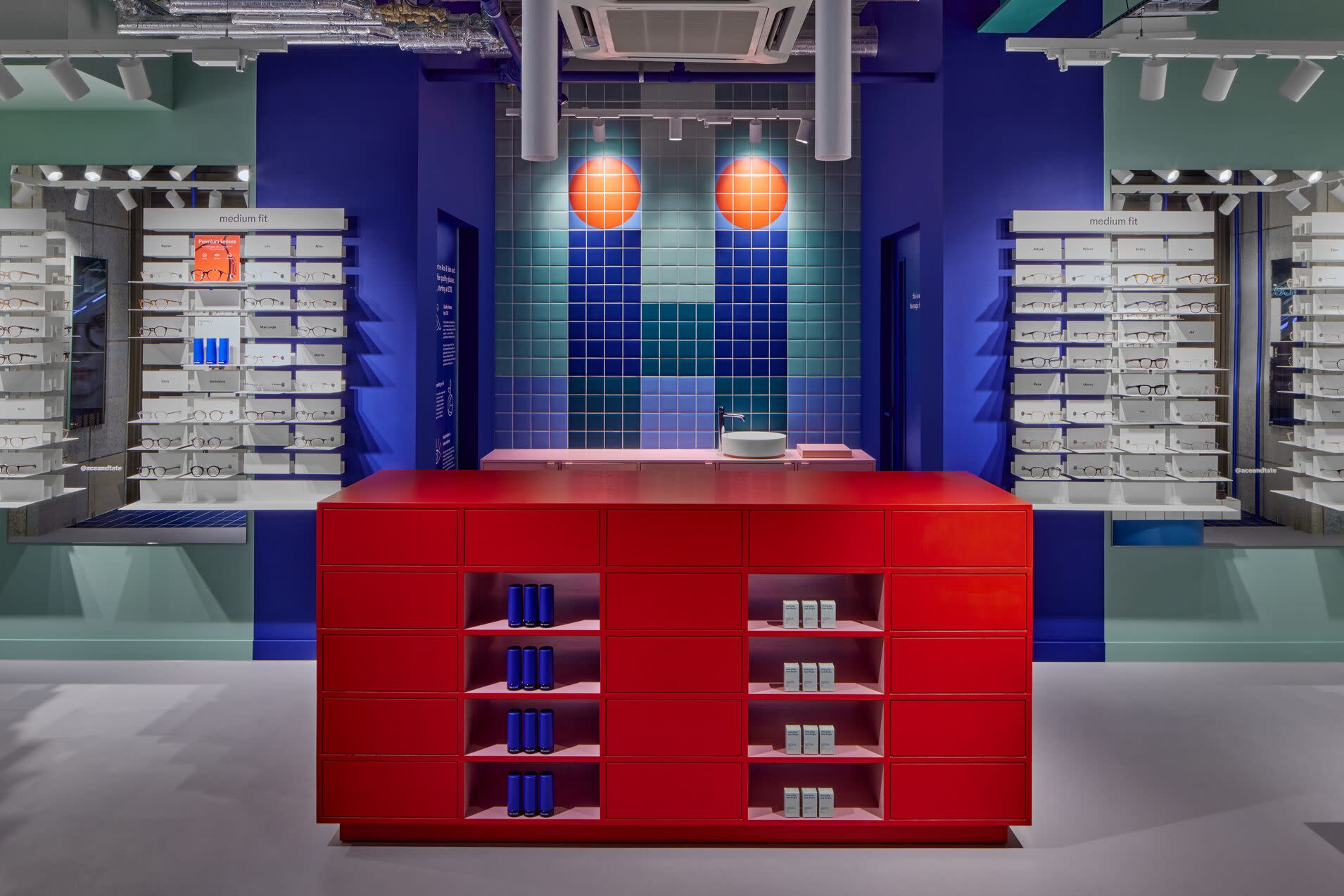 Showing interior of Ace & Tate Battersea Power Station store in, United Kingdom, London, Battersea