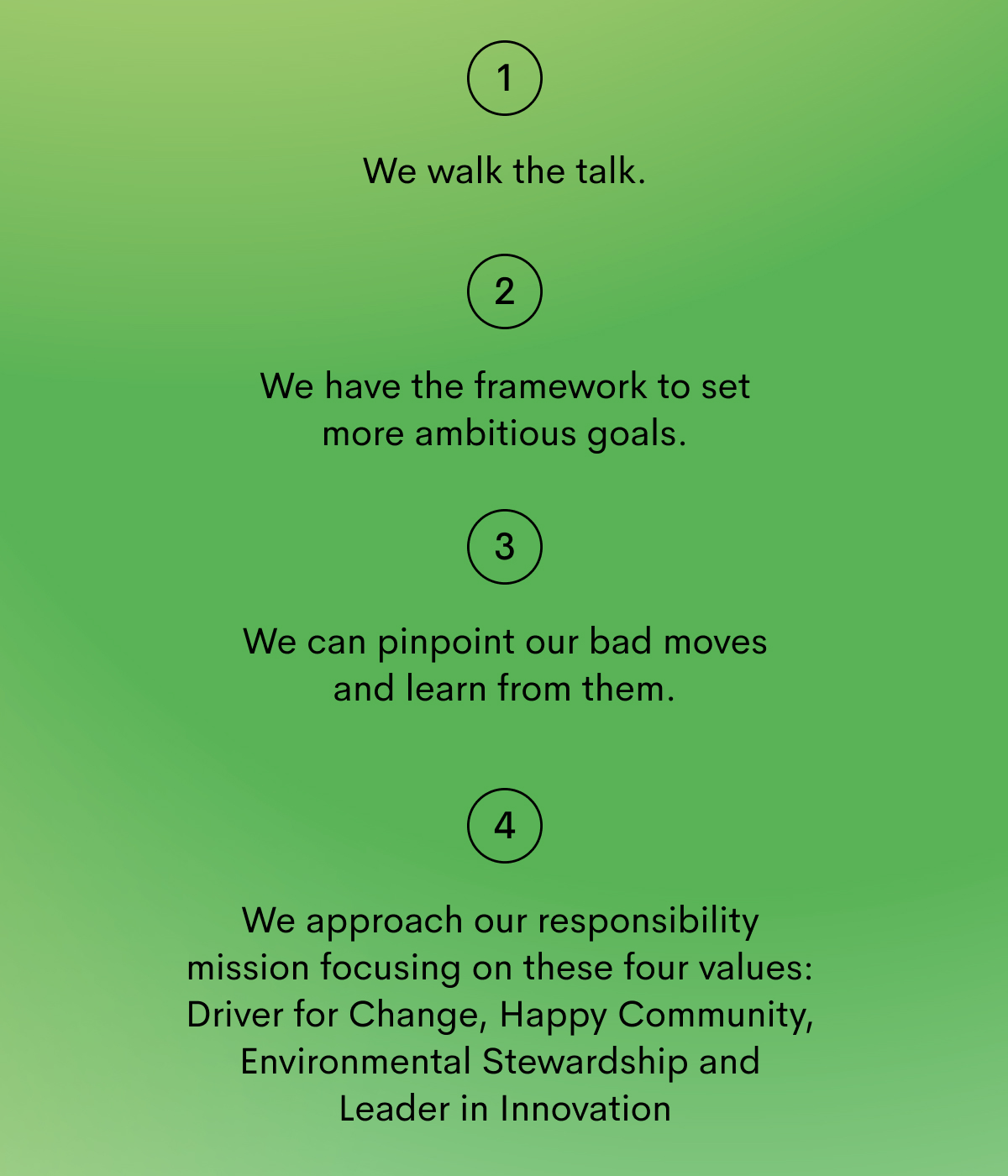 We approach our responsibility mission focusing on these four values: Driver for Change, Happy Community, Environmental Stewardship and Leader in Innovation